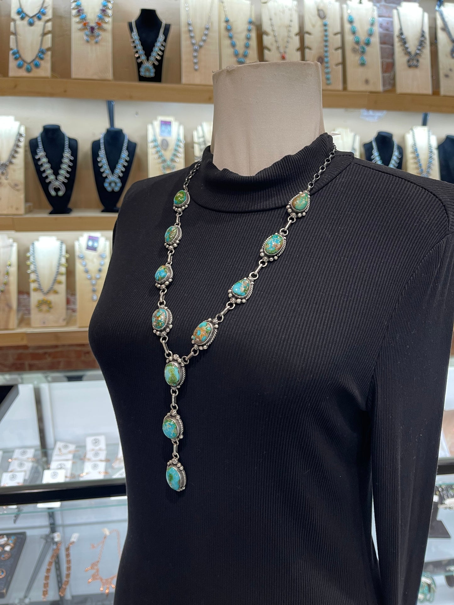 26" + 4.5" Drop Sonoran Gold Turquoise Lariat & Earring Set by Elouise Kee, Navajo