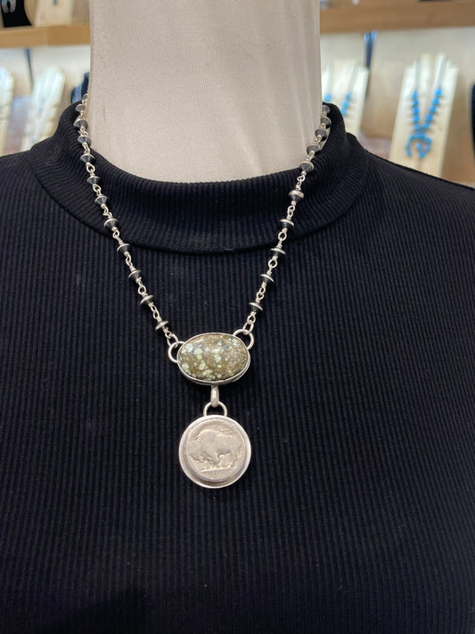 18" Starfox Veriscite Necklace with Buffalo Coin by Calvin Delgarito, Navajo