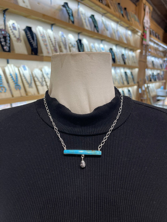 17" Turquoise Bar Necklace with White Buffalo Teardrop by Sheena Jack, Navajo