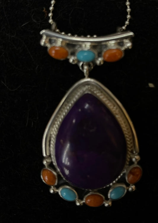 18" Turquoise Sugilite and Spiny Oyster Shell Necklace by Sammie Burnside, Navajo