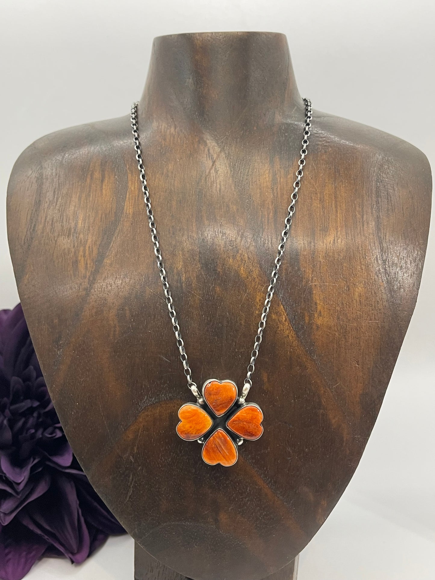 16" Light Orange Spiny Oyster 4 Heart Necklace