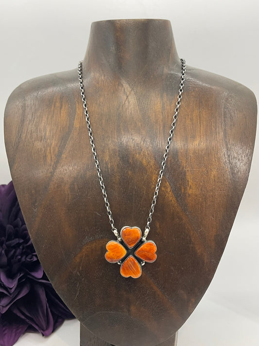 16" Light Orange Spiny Oyster 4 Heart Necklace