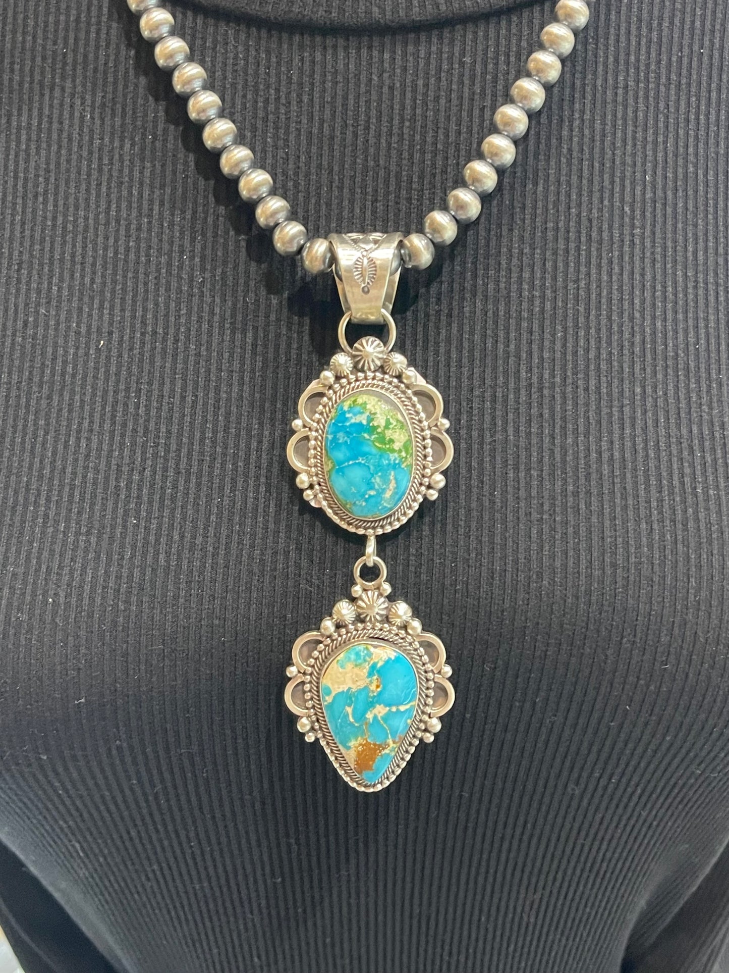6mm 20" Navajo Style Pearl 2 Stone Sonoran Gold Turquoise Pendant by Tom Lewis, Navajo
