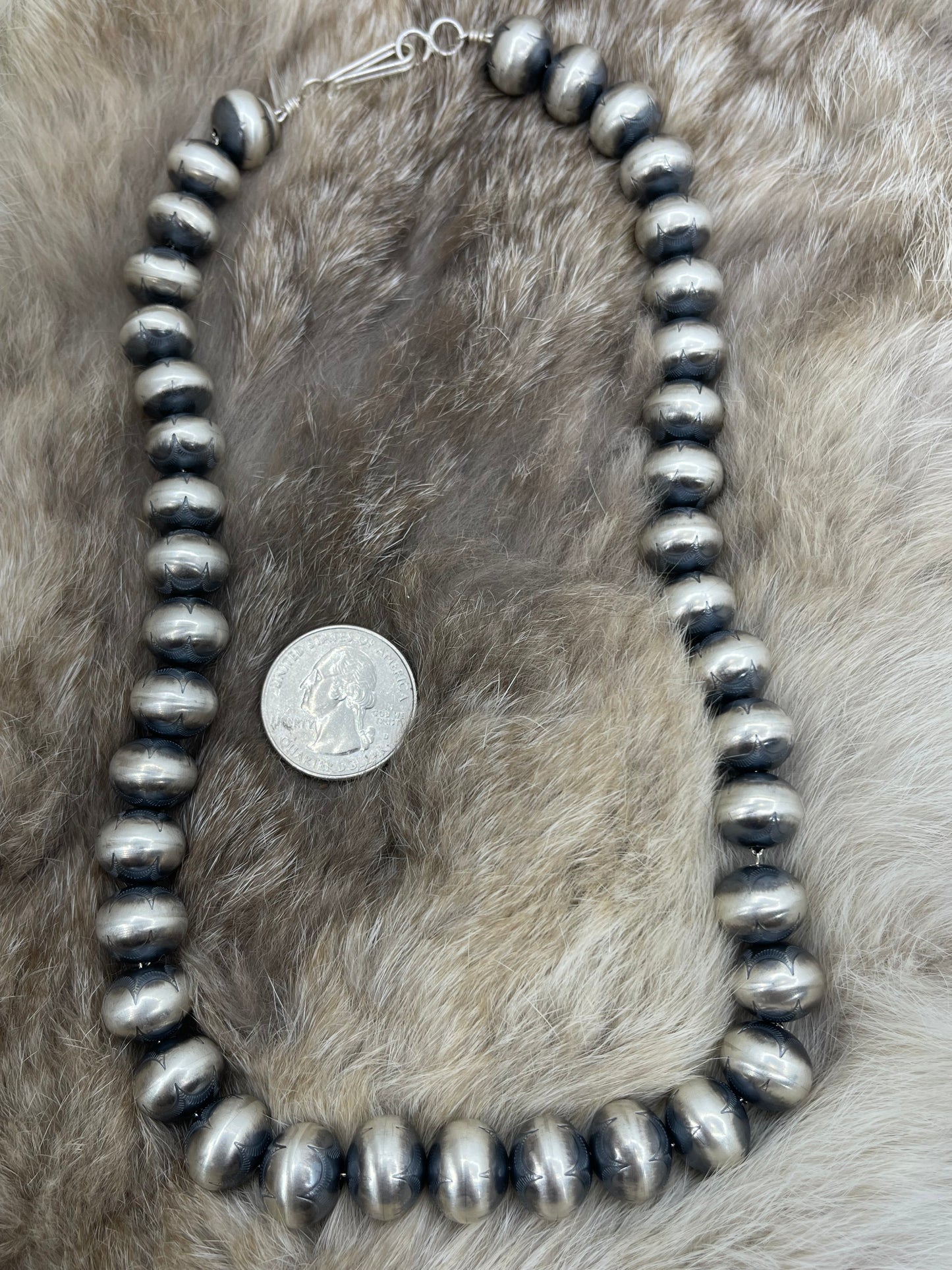 18" 12mm Stamped Handmade Navajo Pearls by Bryannen Halwood, Navajo