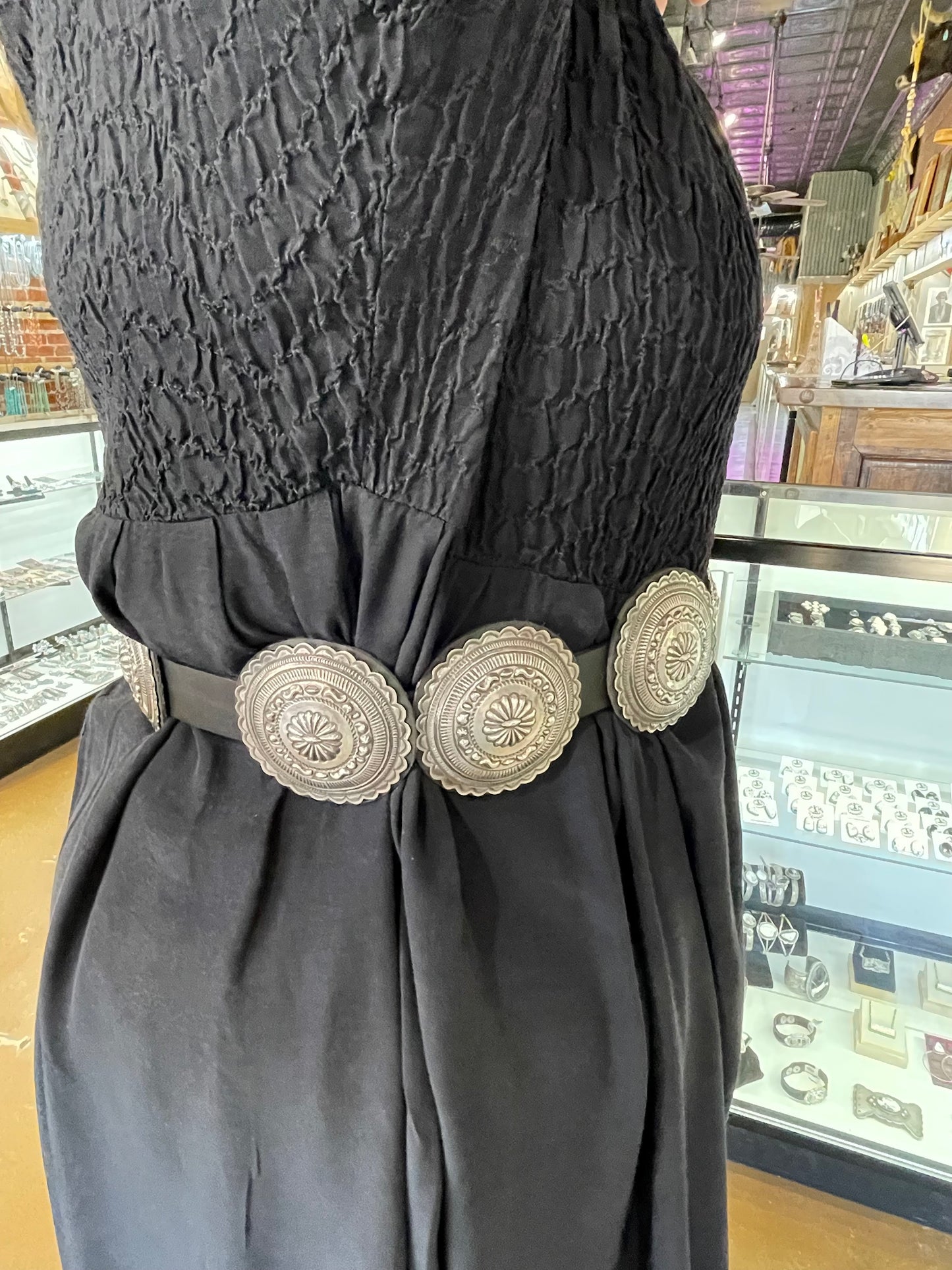 60" Stamped Concho Belt on Black Leather by Eugene Charley, Navajo