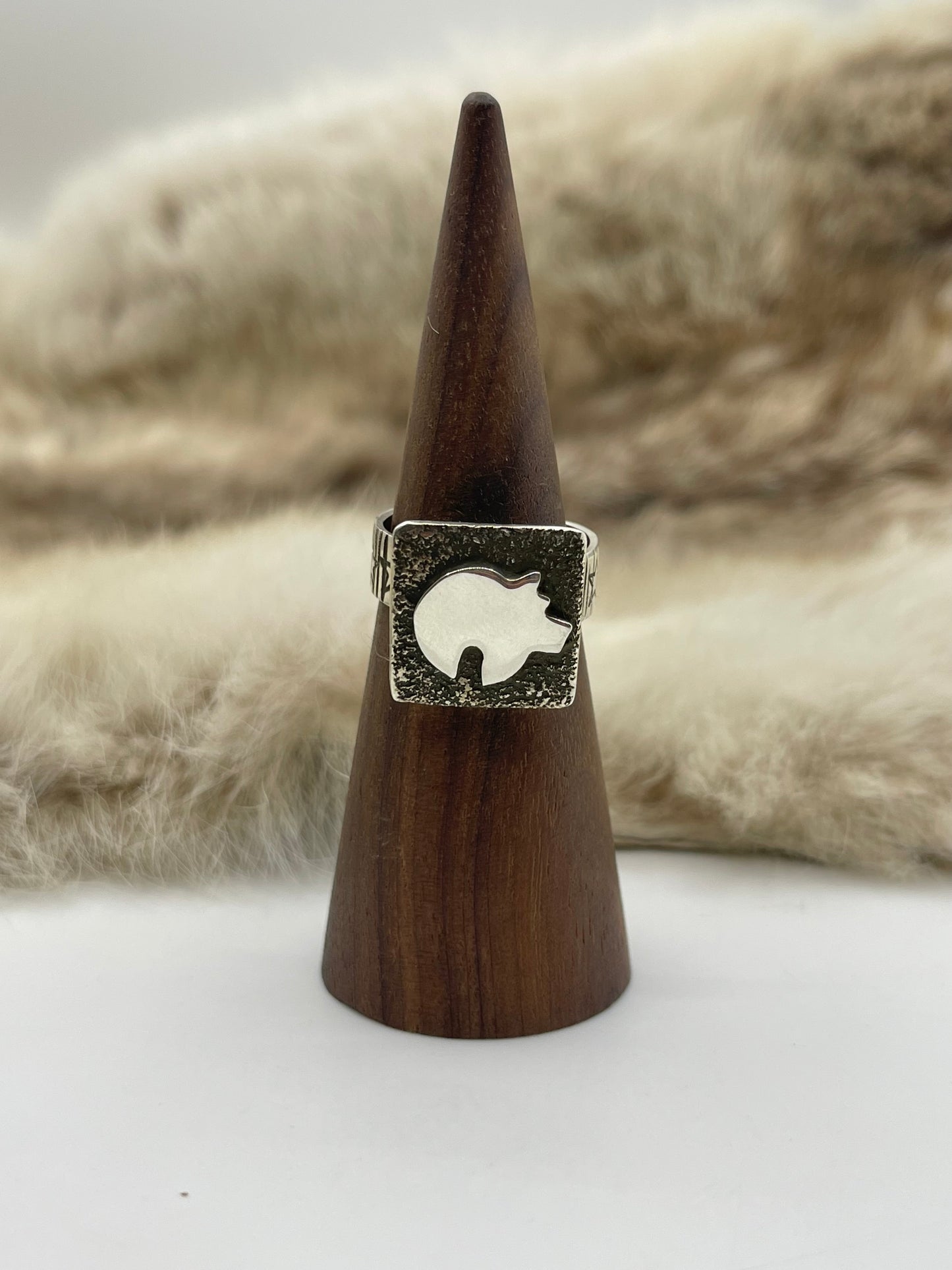 Adjustable 7.0-12.0 Bear Mini Petroglyph Ring by Alex Sanchez, Navajo