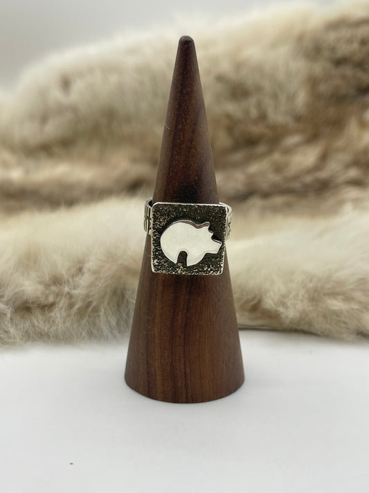 Adjustable 7.0-12.0 Bear Mini Petroglyph Ring by Alex Sanchez, Navajo
