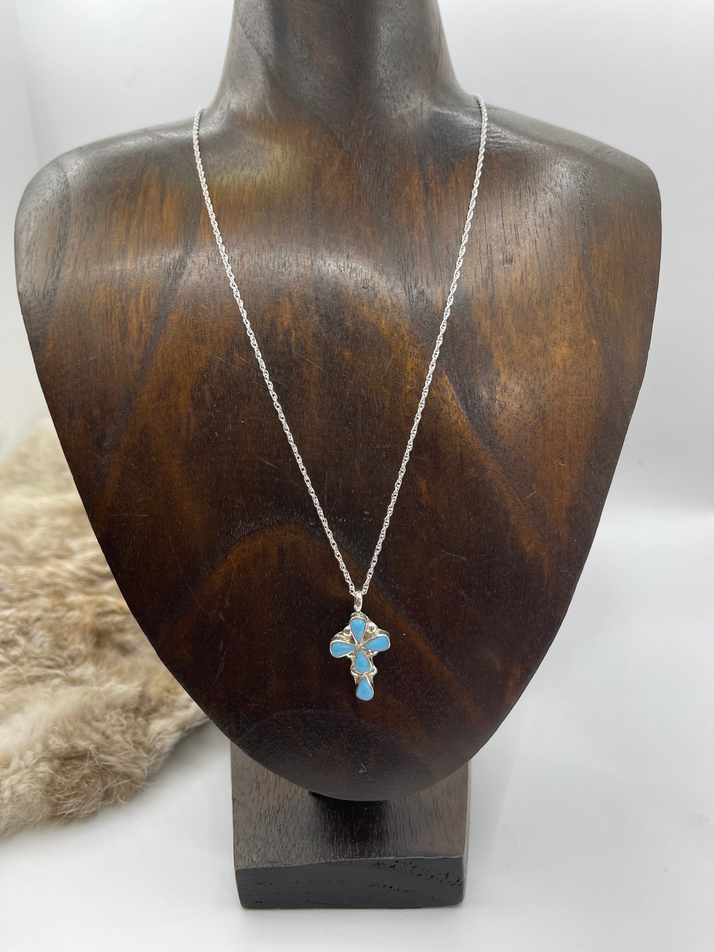 18" Chain with 5 Stone Turquoise Cross Pendant 3.5mm Bale by Pino Yunie, Zuni
