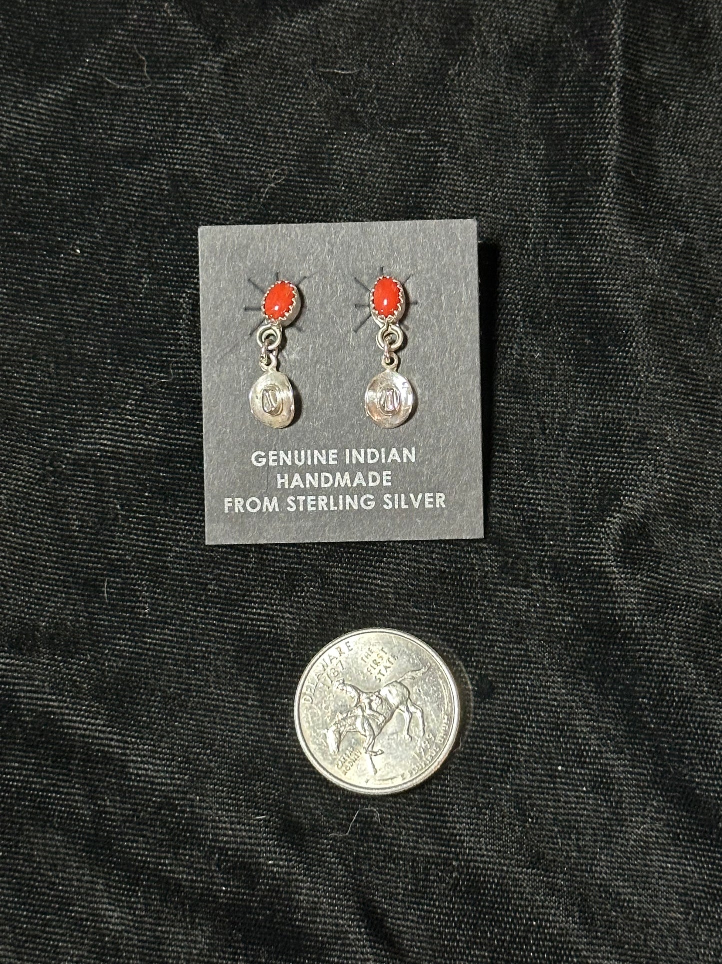 Red Coral and Sterling Silver Cowboy Hat Post Dangles by Sharon McCarthy, Navajo