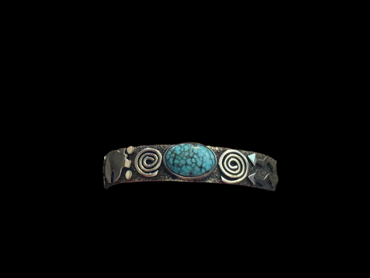 Petroglyph Cuff with Blue Kingman Web Turquoise by Alex Sanchez, Navajo (narrow)