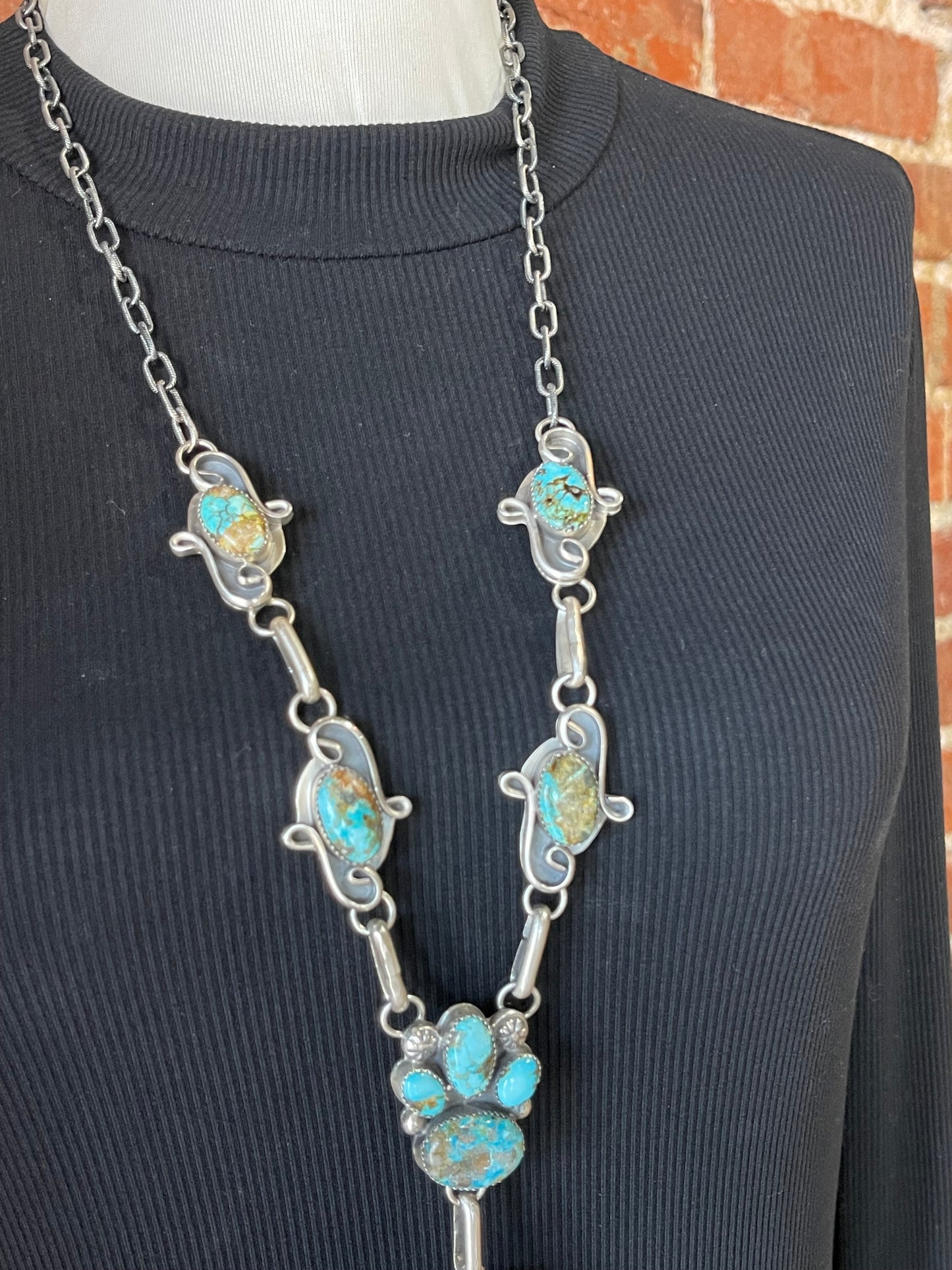 27" Turquoise Cluster Lariat Necklace by Delbert Secatero, Navajo