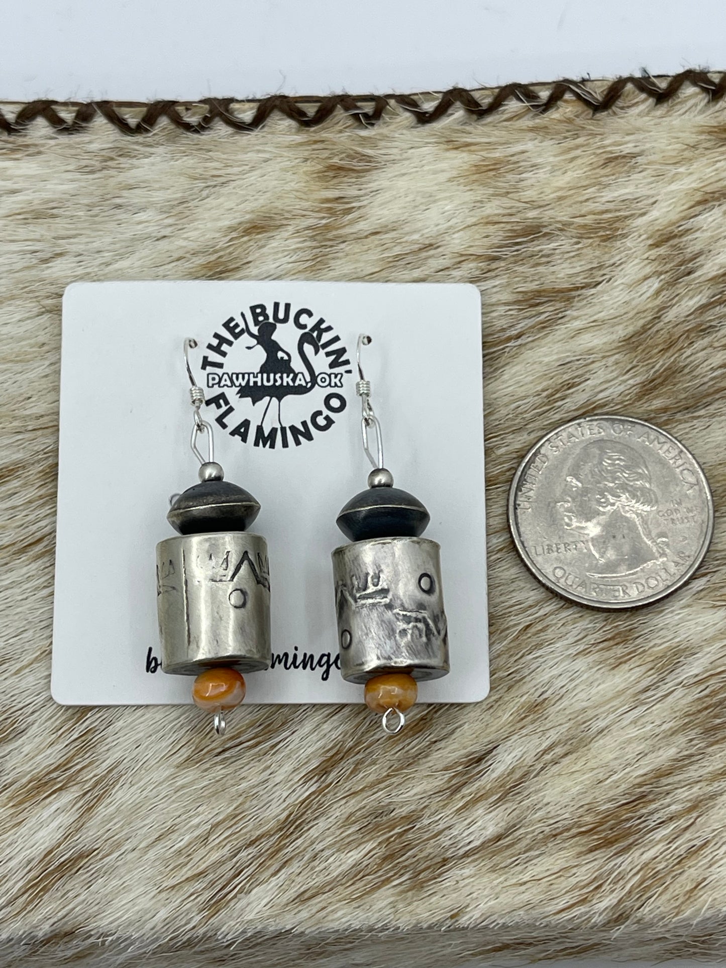 Handmade Orange Spiny Barrel Navajo Pearl Beaded Dangle Earrings by Shelby Montoya, Navajo