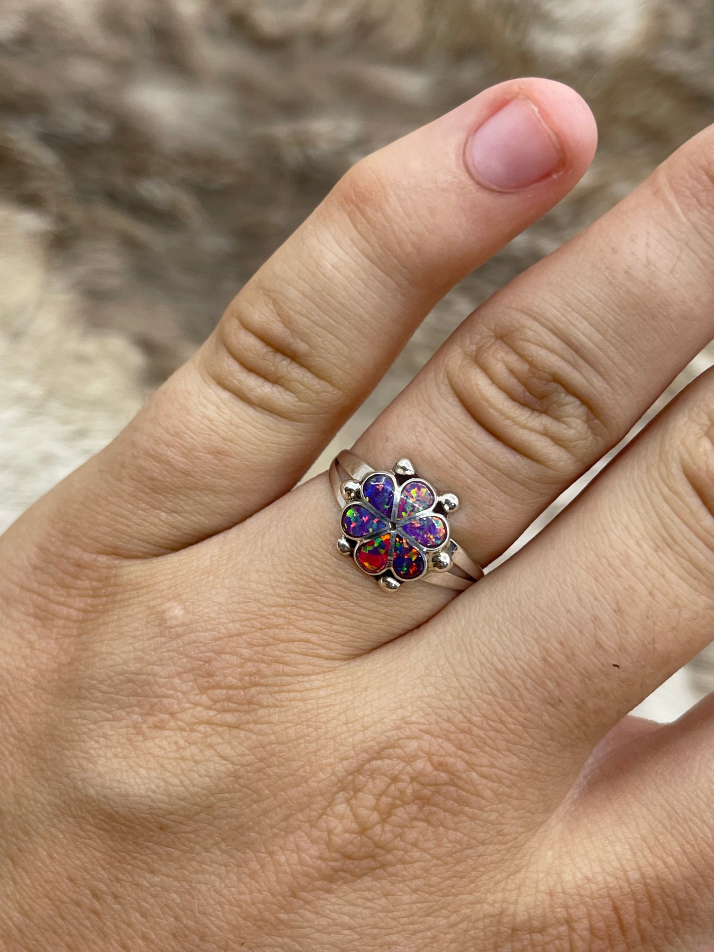 7.5 Dark Purple/Pink Opal Ring by Bernadette Hattie, Zuni