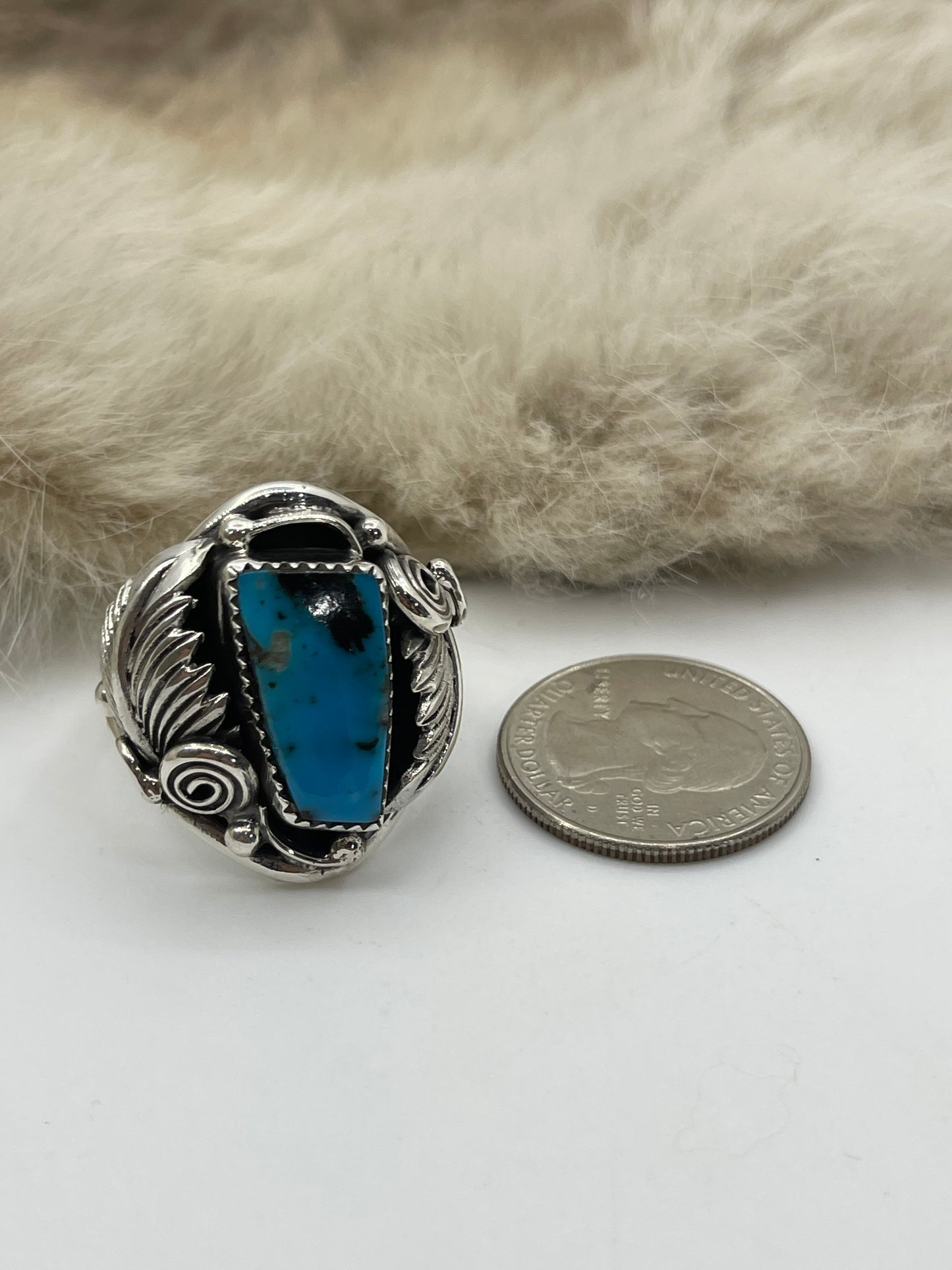 12.0 Turquoise Ring with Feather by Darrell Morgan, Navajo