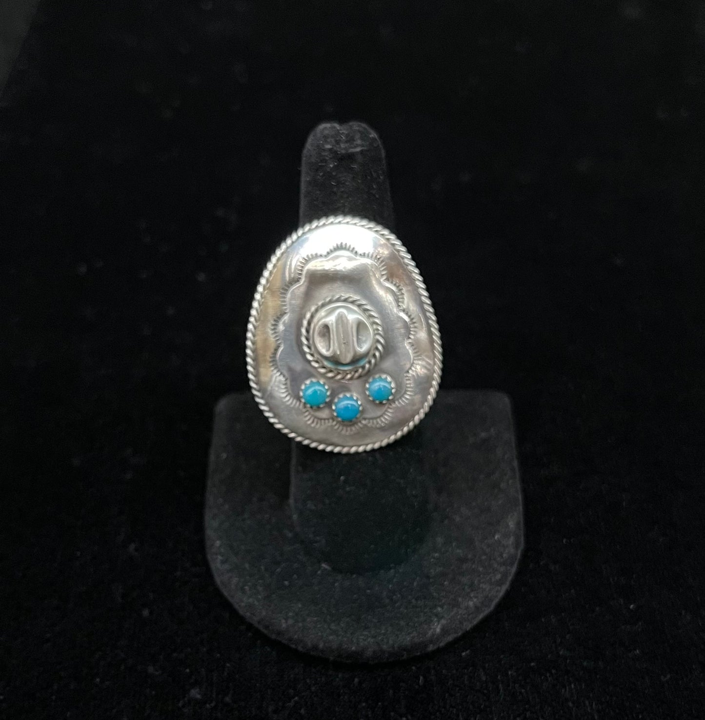 Sterling Silver Cowboy Hat with Sleeping Beauty Turquoise Ring by Bobby Platero, Navajo