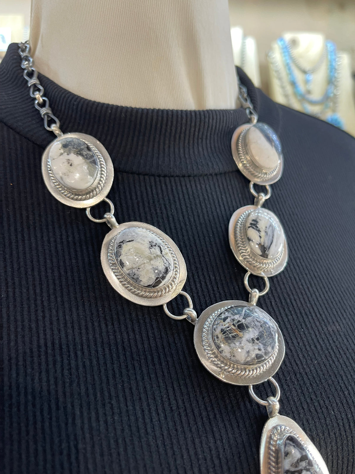 20" + 3" Drop 6 Stone White Buffalo Lariat Necklace by Lyle Piaso, Navajo