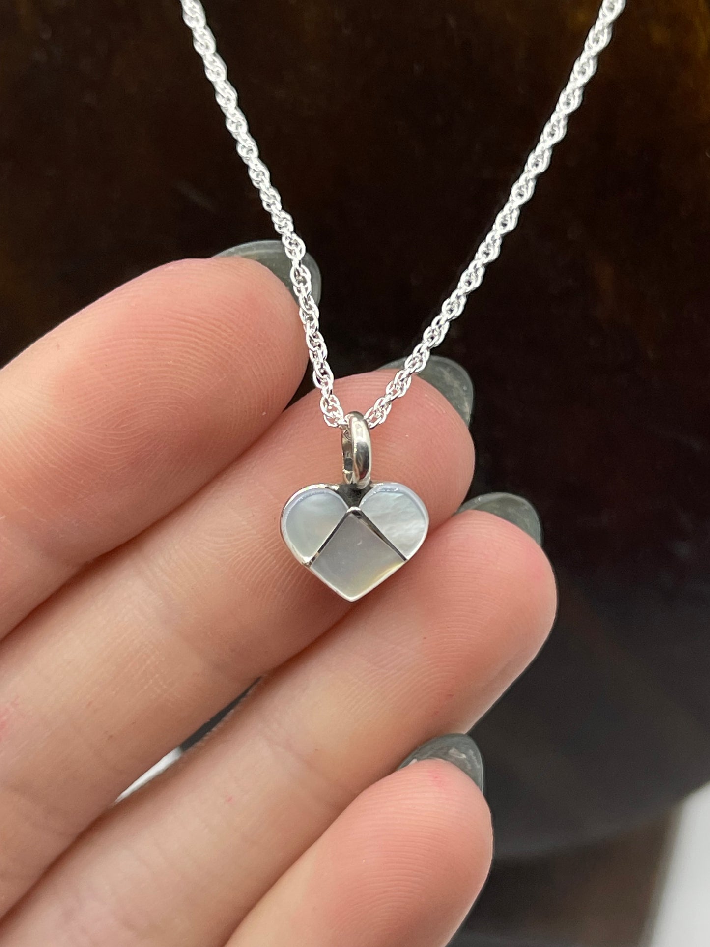 18" Dainty Mother Of Pearl Inlay Heart Necklace by Linda Chavez, Zuni