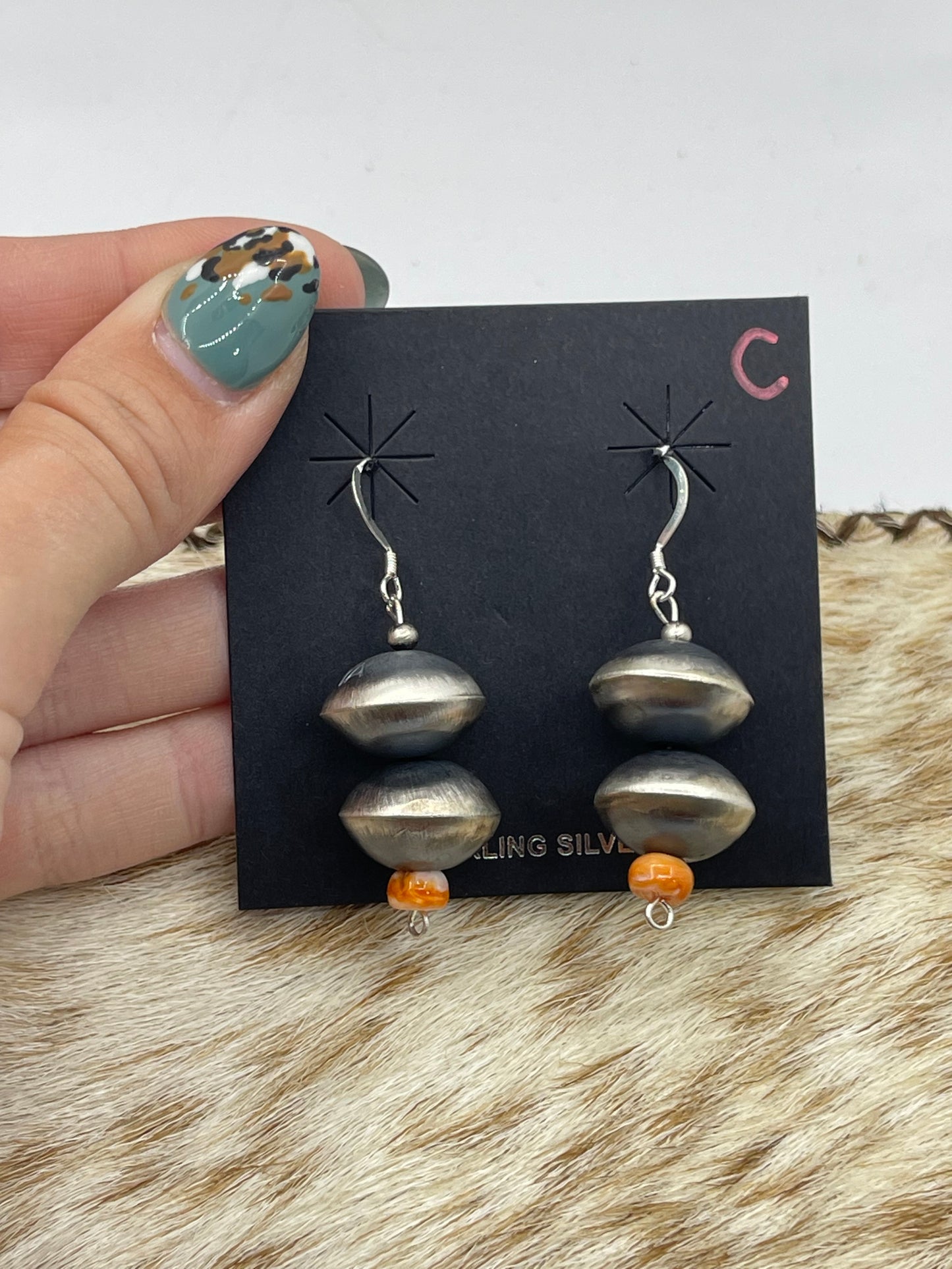 Handmade Navajo Pearl Orange Spiny Oyster Dangle Earrings by Tysha Aparicio, Navajo