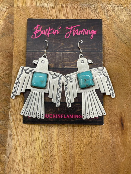 Kingman Turquoise Thunderbird Dangle Earrings by Jeremy Delgarito, Navajo