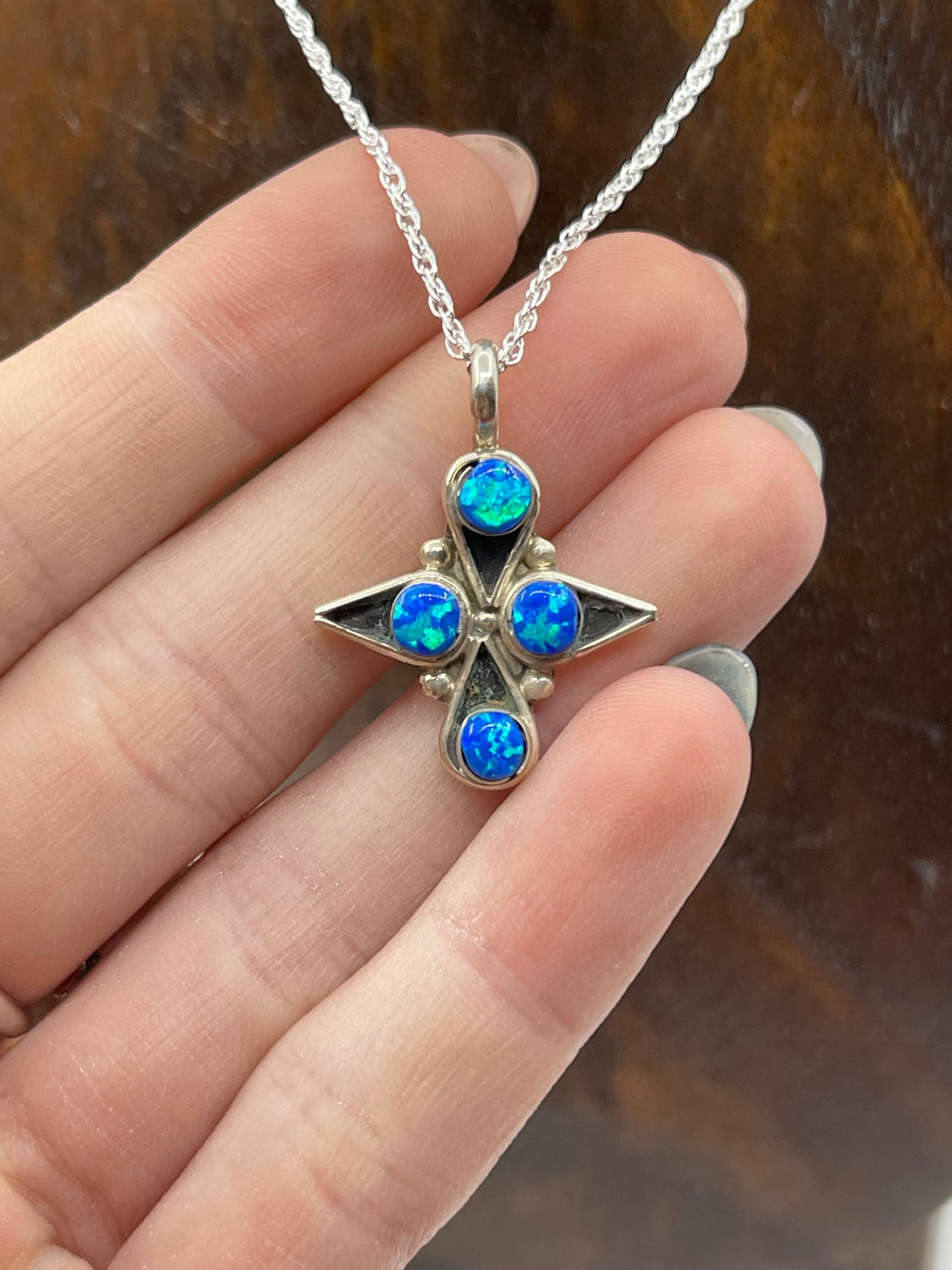 16" 4 Stone Blue Opal Necklace by Alvinia Lalio, Zuni