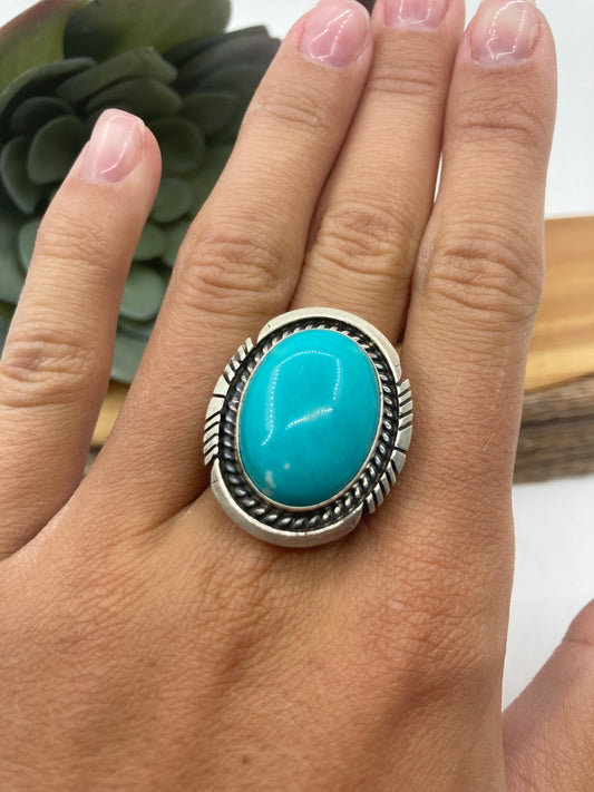 Adjustable 6.0-10.0 Kingman Turquoise Oval Ring by Annette Martinez, Navajo