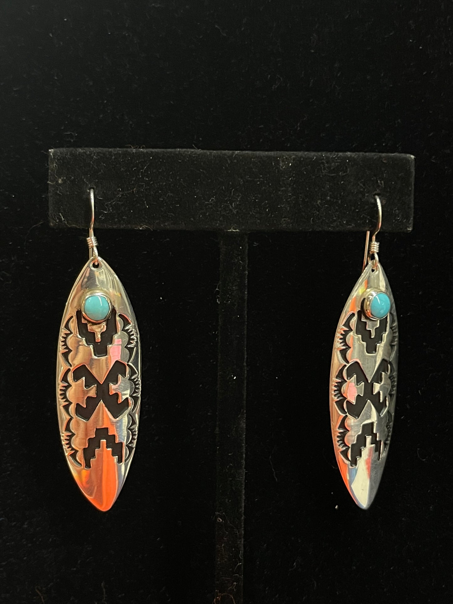 Silver Stamped Earrings with Turquoise Stone by Tommy & Rose Singer, Navajo