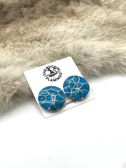 Fish Scale Zuni Inlay Circle Earrings by Lynelle Johnson, Zuni Post @ Top