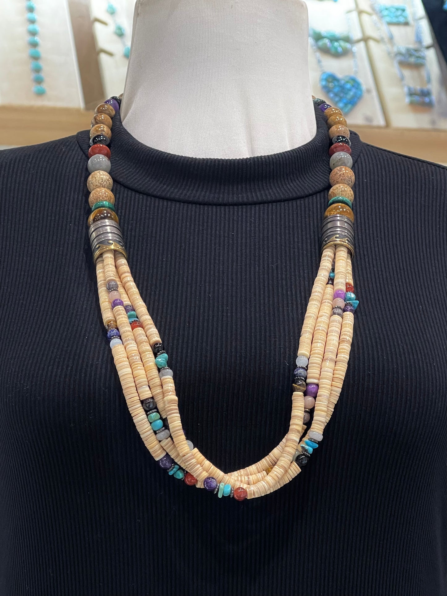 30" 4 Strand Melon Shell & Multi-Stone Necklace by Tommy & Rose Singer, Navajo