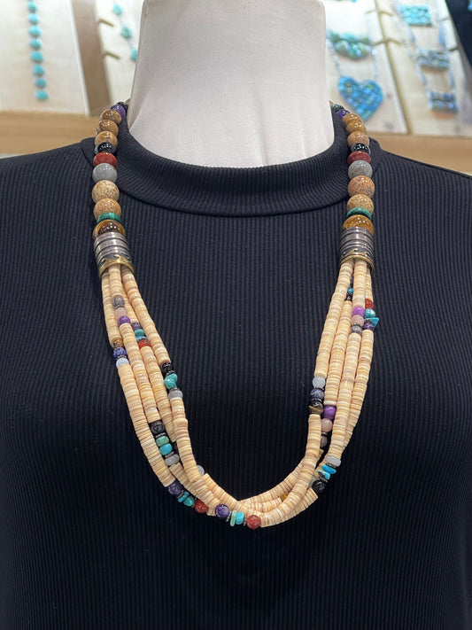30" 4 Strand Melon Shell & Multi-Stone Necklace by Tommy & Rose Singer, Navajo
