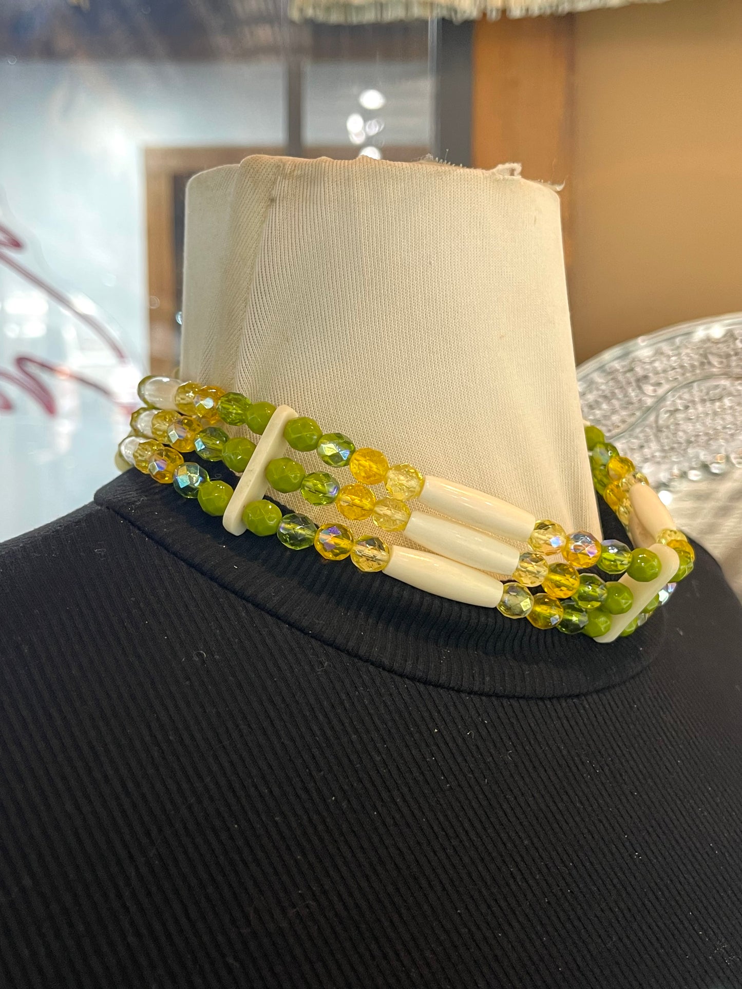 16" Yellow & Green Beaded Necklace Made from Glass & Bone