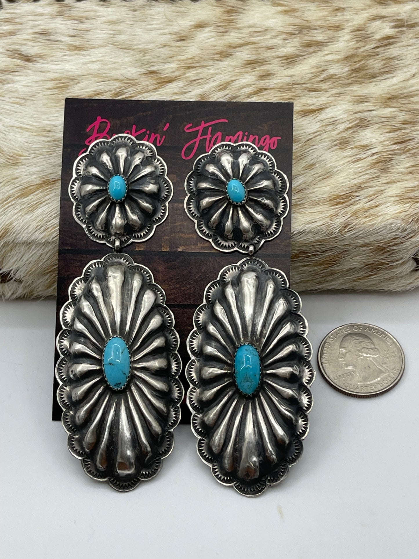 Large Double Concho Post Dangle Earrings with Turquoise by Rita Lee, Navajo