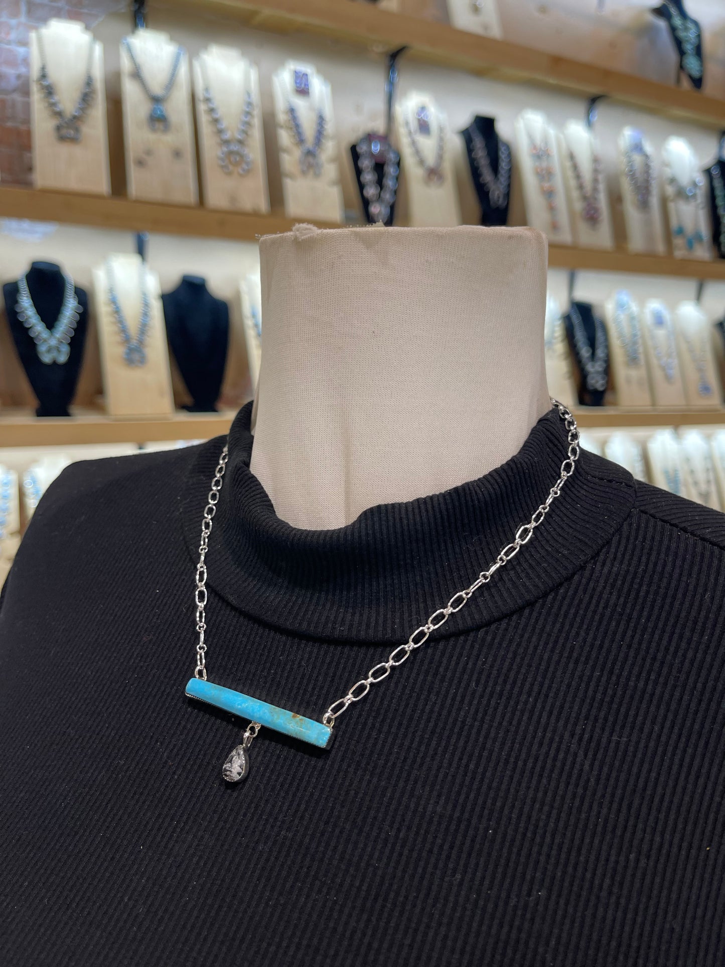 17" Turquoise Bar Necklace with White Buffalo Teardrop by Sheena Jack, Navajo