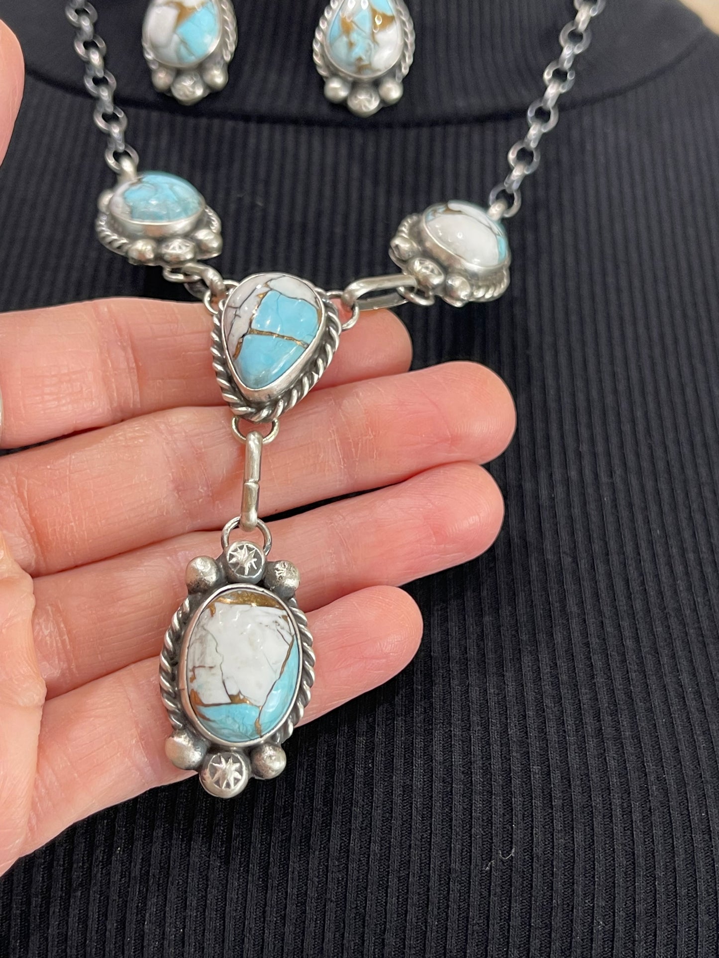 20" Cotton Candy Lariat with matching earrings by Augustine Largo, Navajo