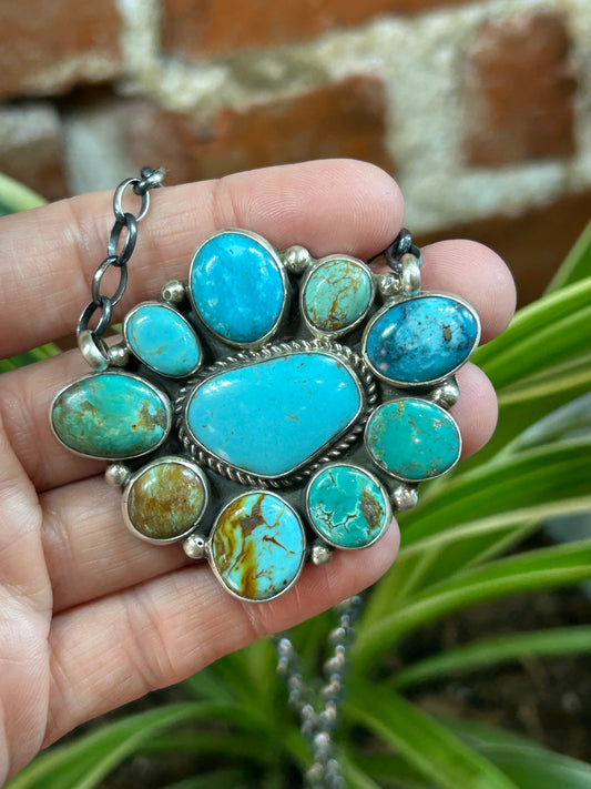 17" Kingman Turquoise Cluster Necklace by Geraldine James, Navajo