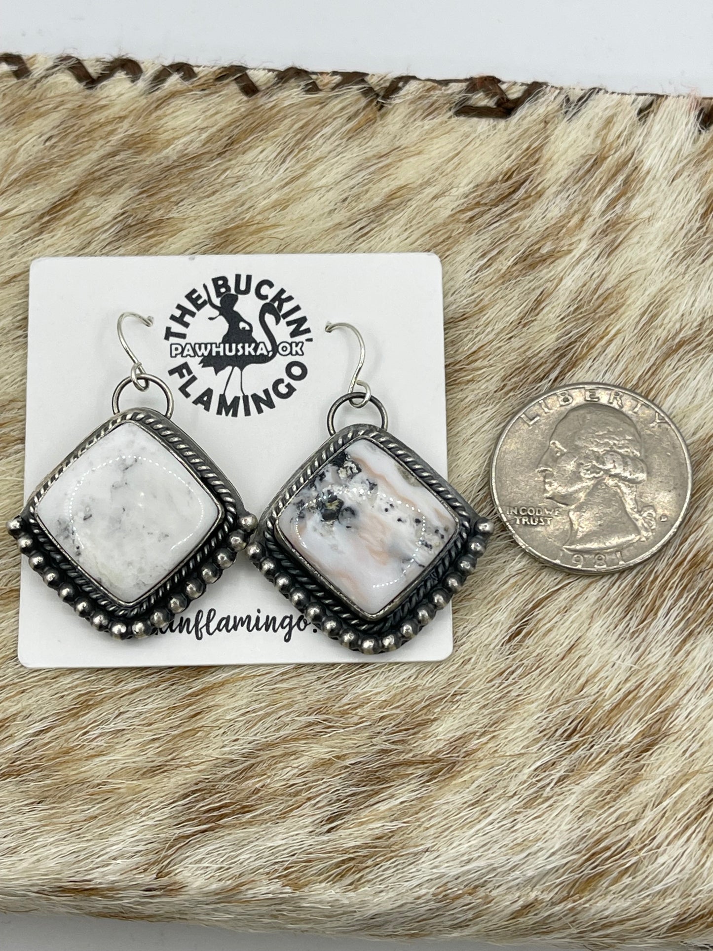 White Buffalo Diamond Shape Dangle Earrings, Navajo