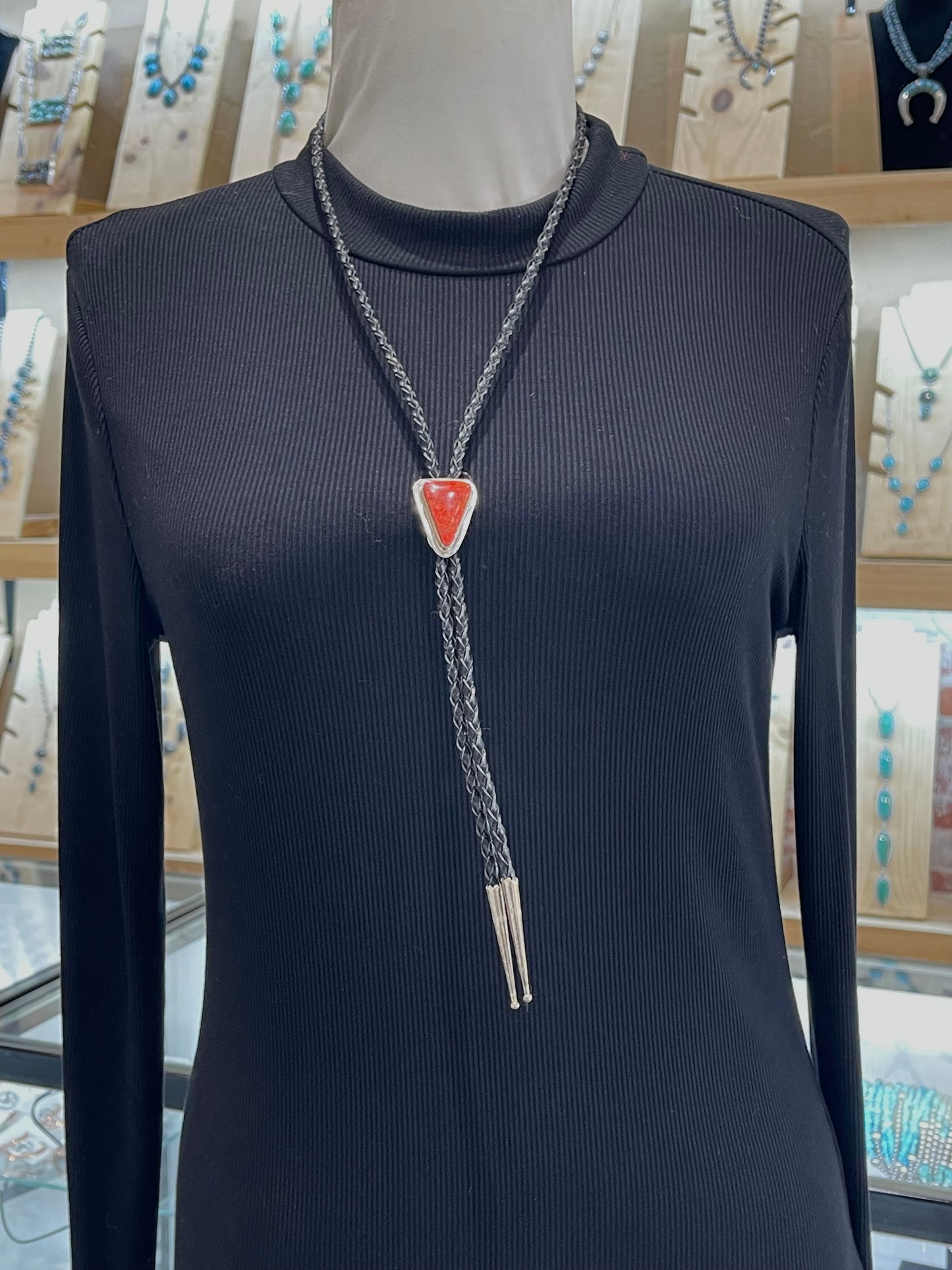 Red Coral Bolo Tie by Marie Jackson, Navajo