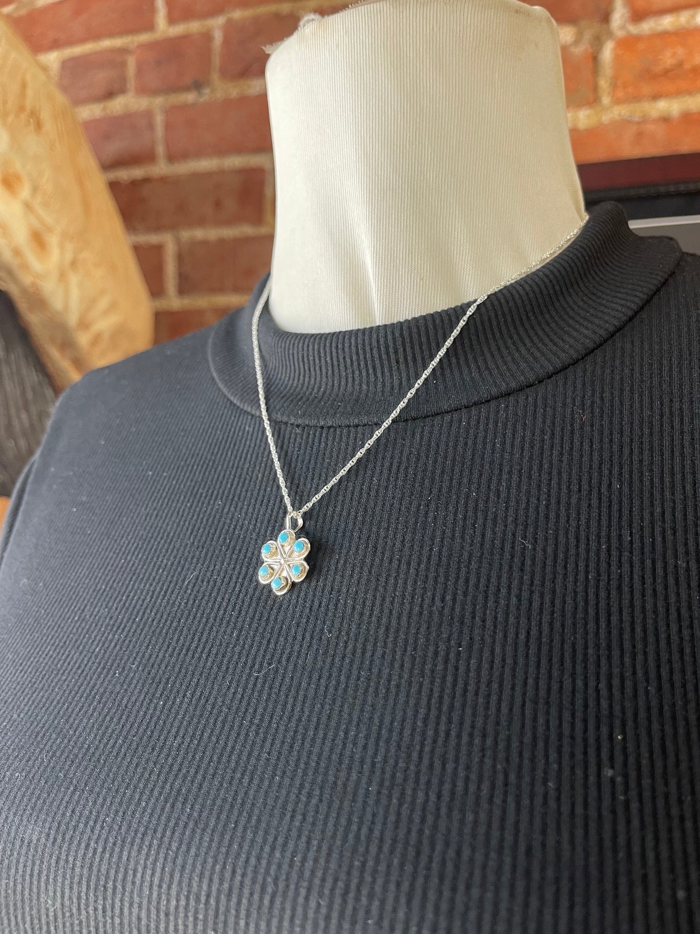 18" Herbert Lastiyano Zuni Turquoise Flower Pendant