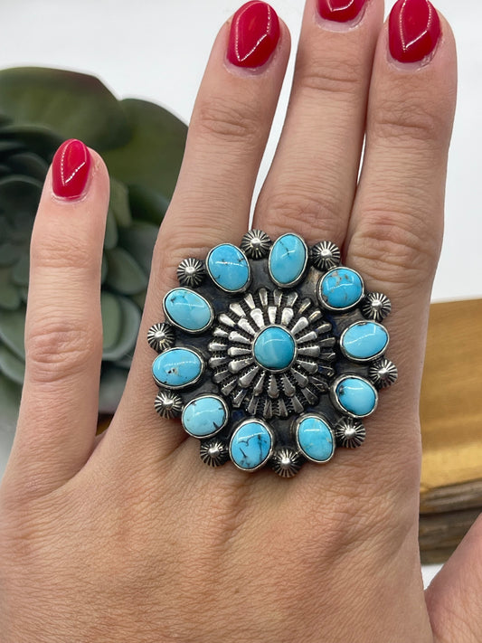 6.0 Sonoran Blue Turquoise Cluster Concho Ring by Tom Lewis, Navajo