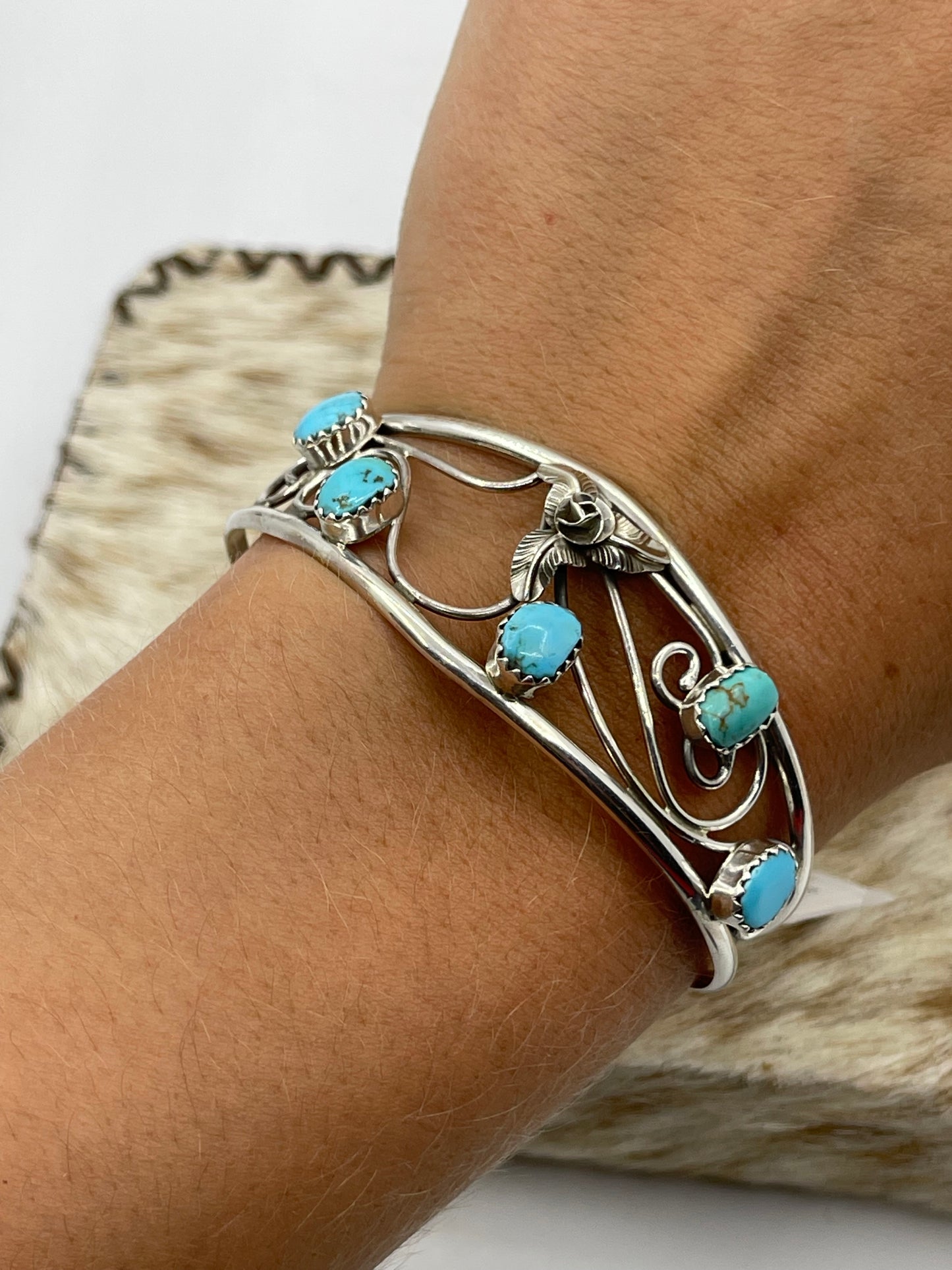 5 1/2"-7" 5 Stone Turquoise Cuff by Carolynn Nez, Navajo