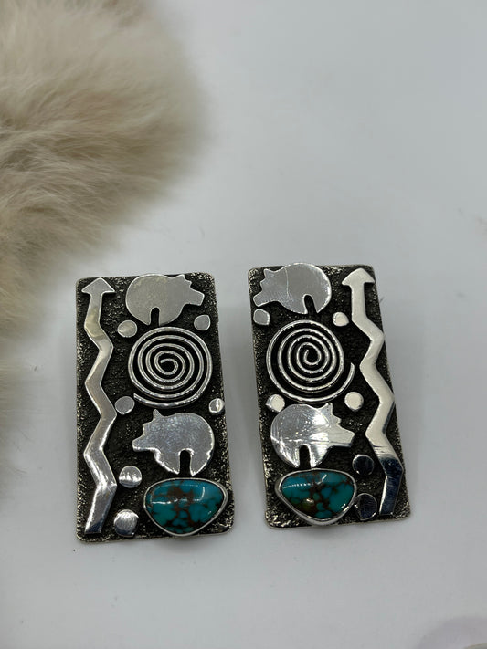 Big Rectangle Petroglyph Earrings with Oval Turquoise by Alex Sanchez, Navajo