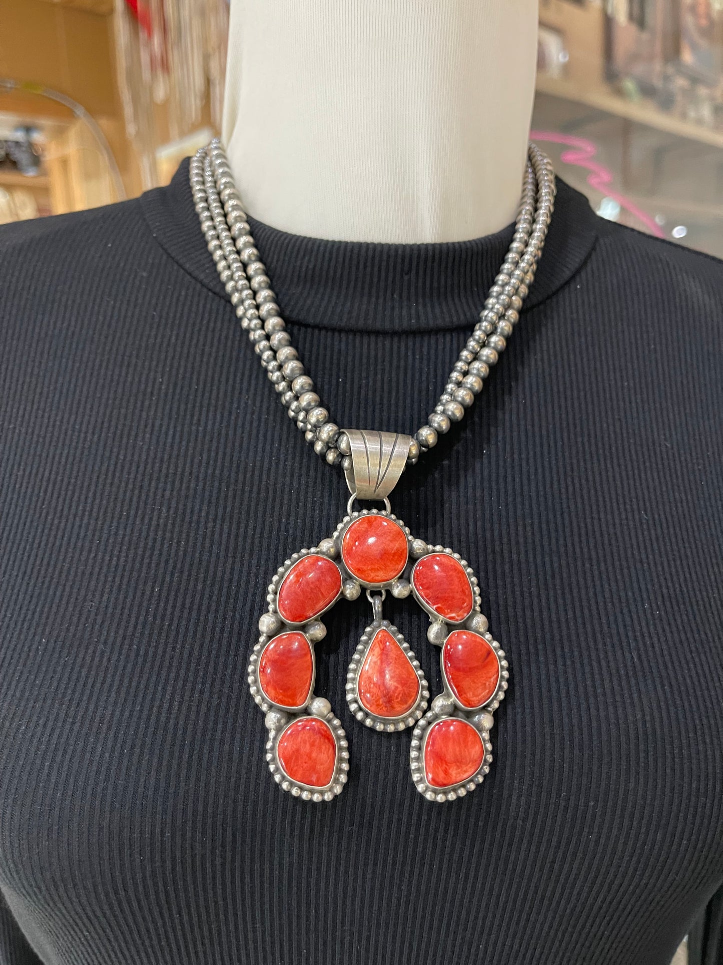 19" 3 Strand Navajo Pearls with a 8 Stone Red Spiny Oyster Pendant with a 17mm Bail by Augustine Largo, Navajo