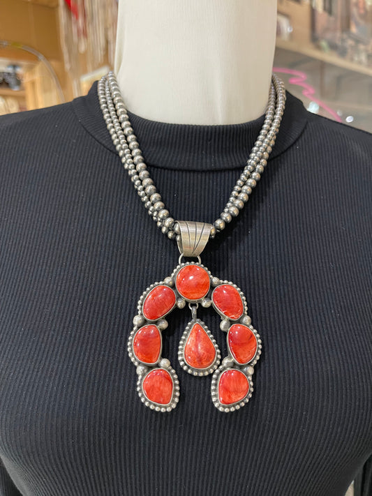 19" 3 Strand Navajo Pearls with a 8 Stone Red Spiny Oyster Pendant with a 17mm Bail by Augustine Largo, Navajo