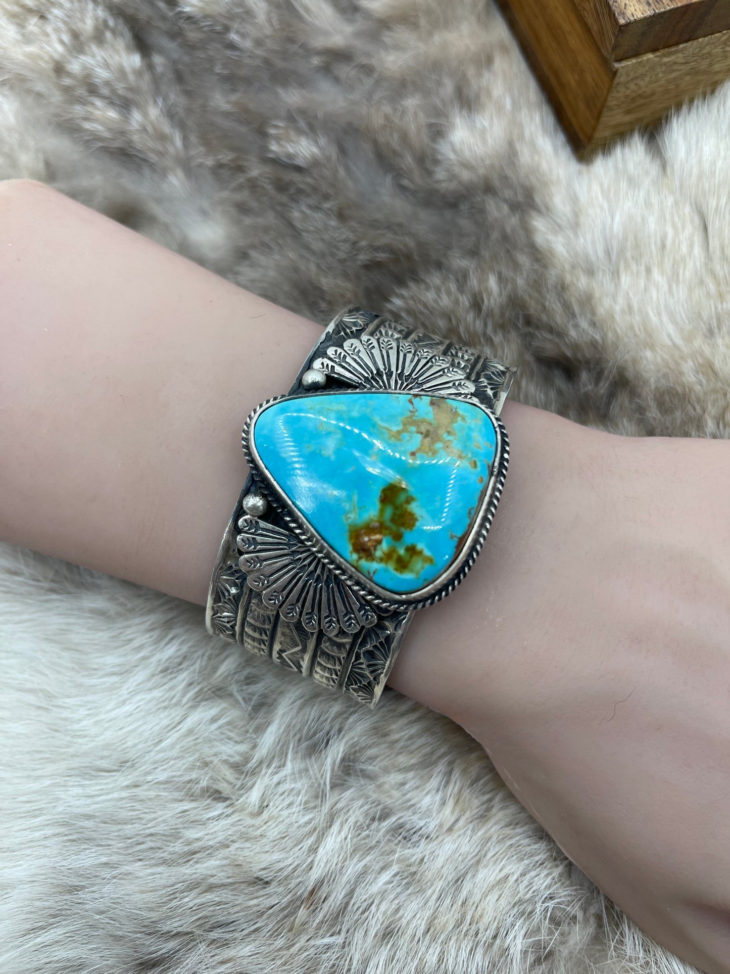 Triangle Stone Kingman Turquoise Stamped Cuff by Sunshine Reeves, Navajo