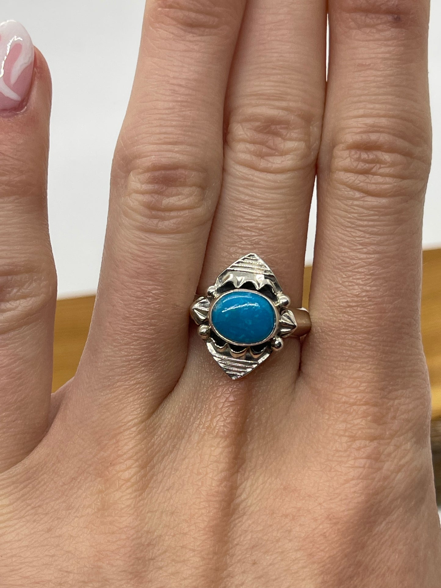 7.0 Turquoise Triangle Wire Ring by David Lopez, Navajo