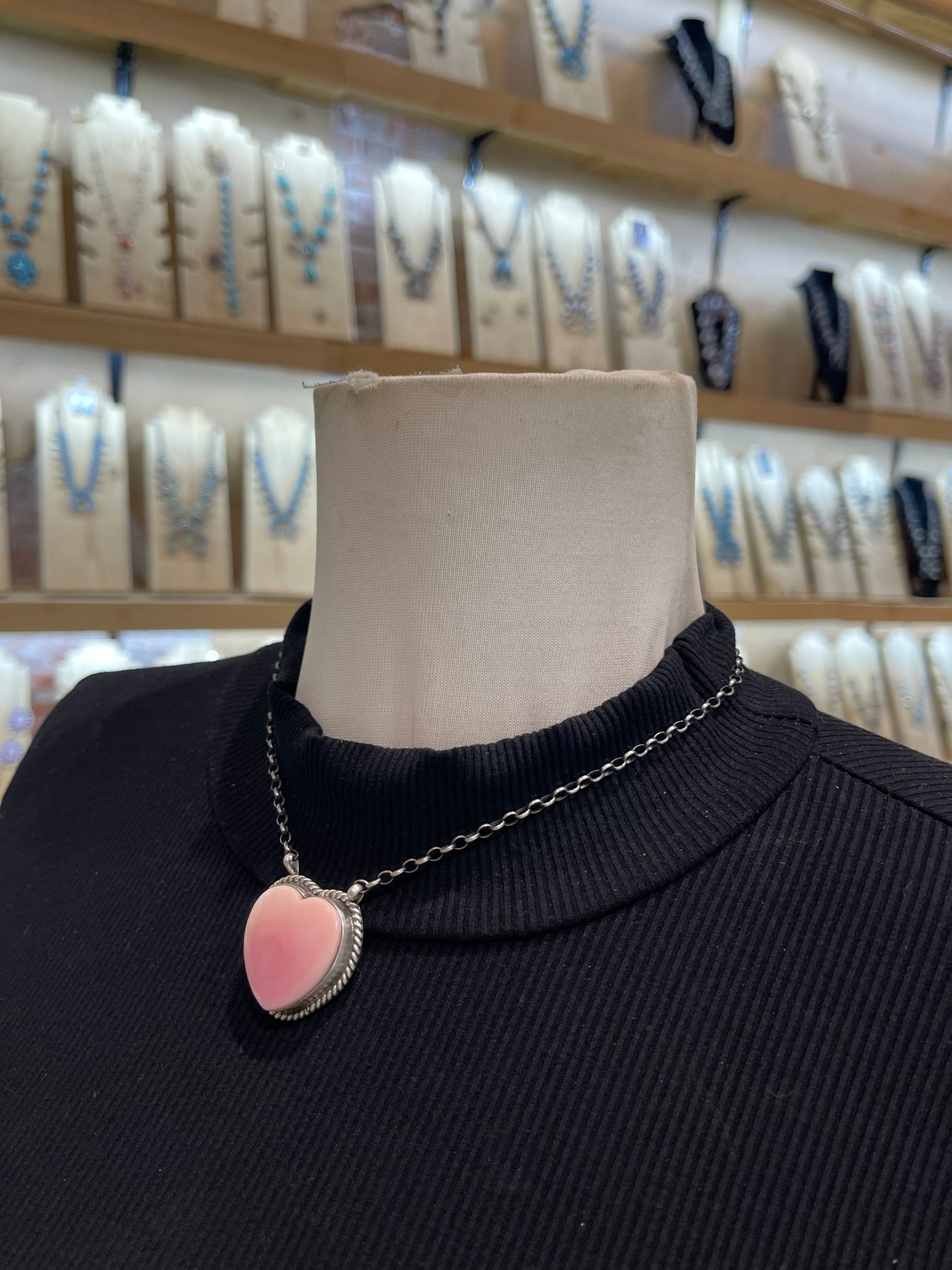 17" Pink Conch Shell Heart Necklace by Johnny Dixon, Navajo