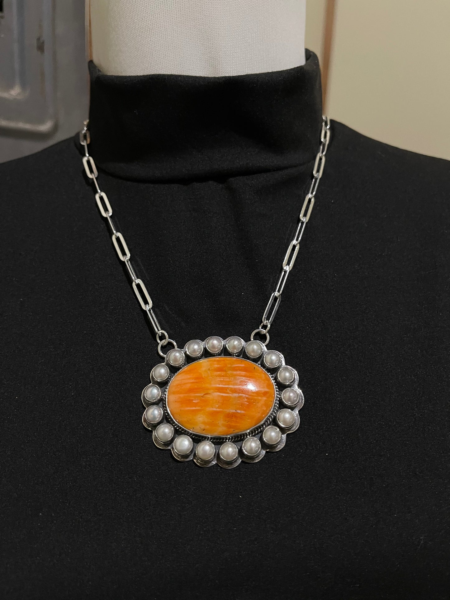 18" Orange Spiny Oyster Shell and Fresh Water Pearls Cluster Necklace, By Zia