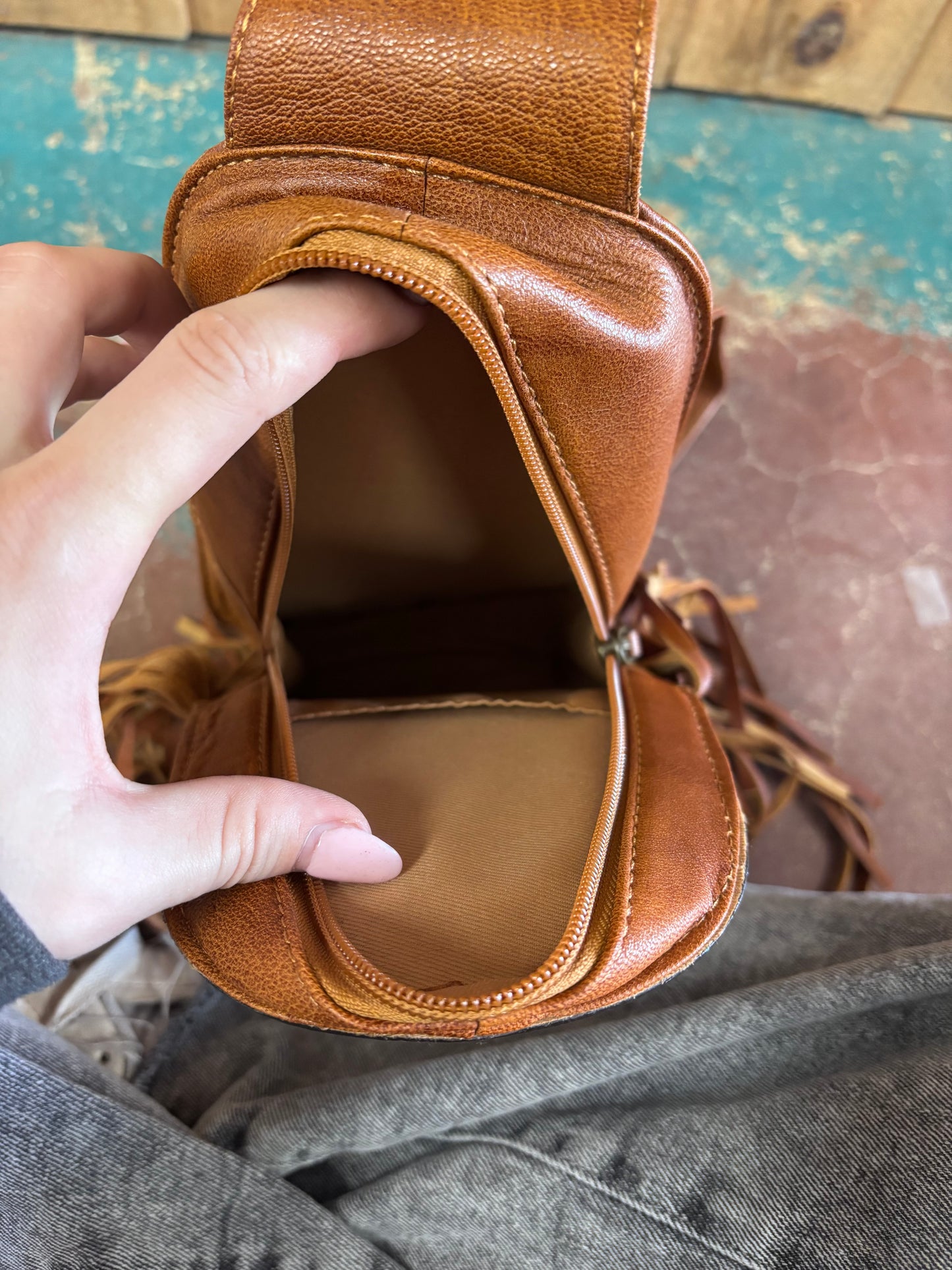 Brown Leather Flower Tooled Fringe Sling Bag/Purse