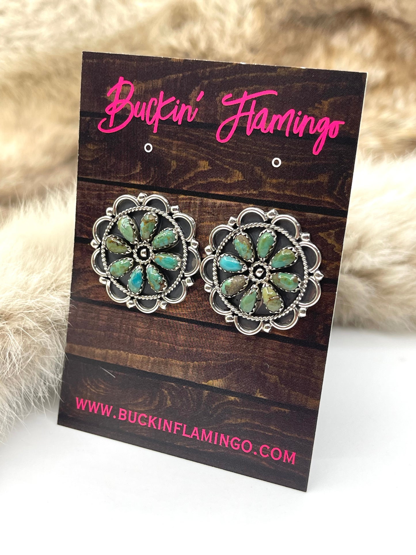 Sonoran Gold Turquoise Fancy Concho Earrings by Gerald Mitchell, Navajo