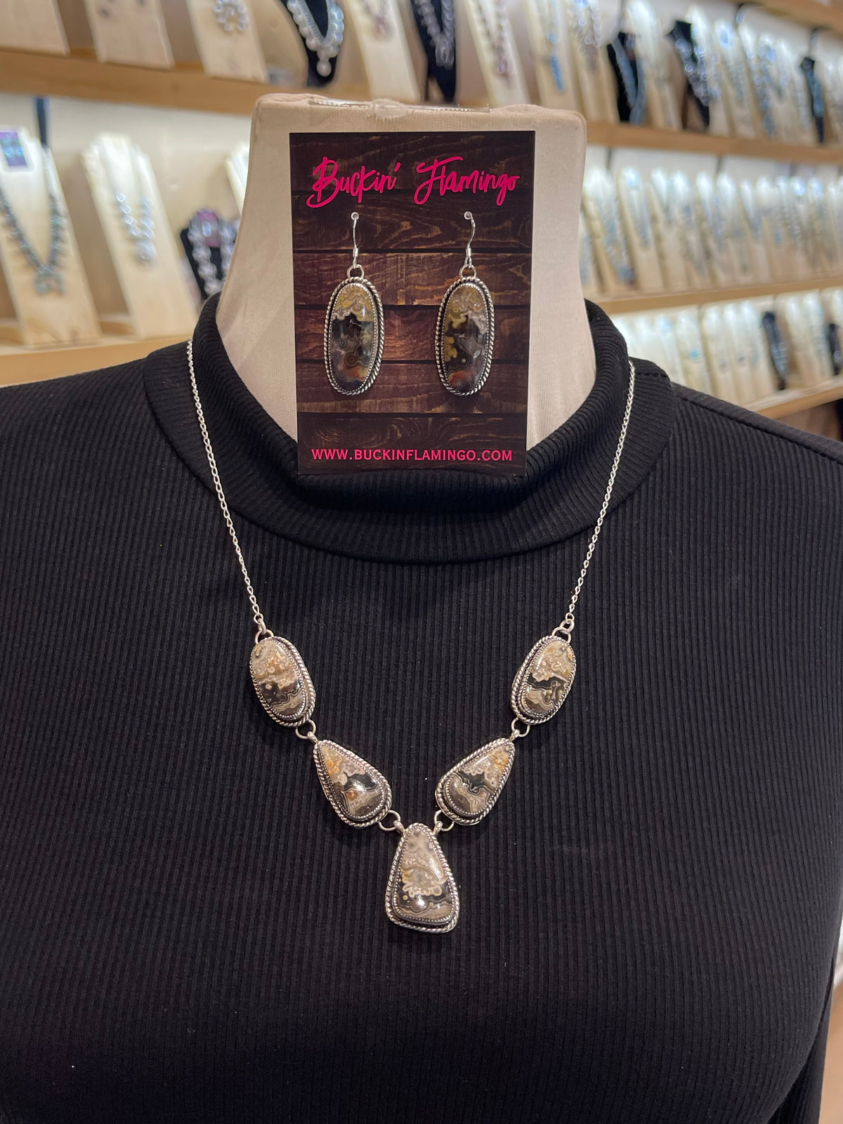 20" Crazy Lace Agate Necklace & Earring Set by Joe Begay, Navajo
