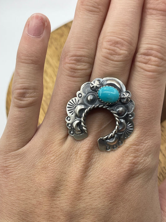 Adjustable 8.0-14.0 Turquoise Concho Naja Ring by Tim Yazzie, Navajo
